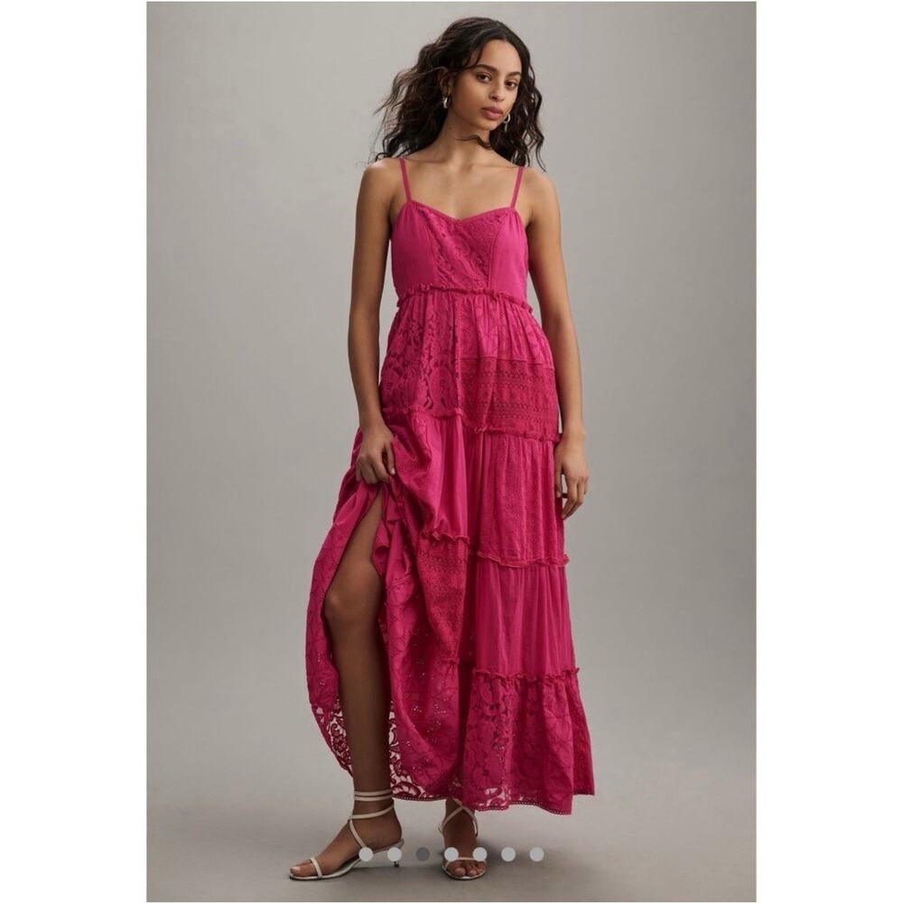NWT Anthropologie Bhanuni by Jyoti Pink Patchwork Lace Tiered Maxi Dress Sz XXS